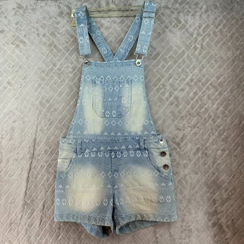 Kensie Womens Small Denim Overall Shorts Blue Geometric Aztec Light Wash